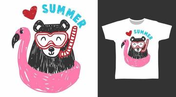 urso fofo com vetor de design de camiseta flamingo