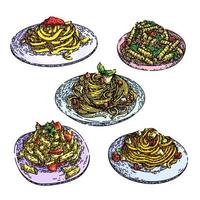 macarrão conjunto de comida italiana esboço desenhado à mão vetor