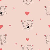 padrão sem emenda romântico. cães apaixonados bonitos de volta com corações em fundo rosa claro. ilustração vetorial no estilo doodle. fundo infinito para dia dos namorados, papéis de parede, embalagens, impressão. vetor