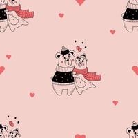 bonito padrão sem emenda. romântico enamorado abraçando ursos em fundo rosa com corações. ilustração vetorial no estilo doodle. fundo infinito para dia dos namorados, papéis de parede, embalagens, impressão.