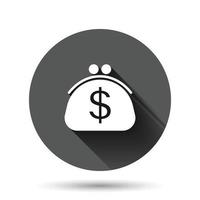 ícone do saco de dinheiro em estilo simples. saco de dinheiro com ilustração vetorial de dólar em fundo redondo preto com efeito de sombra longa. conceito de negócio de botão de círculo de saco de dinheiro. vetor