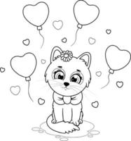 página para colorir. gatinho fofo com corações e balões vetor