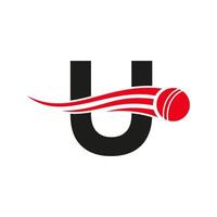 letra u conceito de logotipo de críquete com ícone de bola para modelo de vetor de símbolo de clube de críquete. sinal de jogador de críquete
