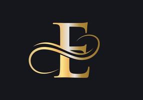 letra e logo sinal luxuoso com cor luxuosa dourada e símbolo do monograma vetor