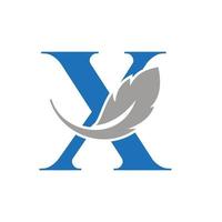 design de logotipo de letra x pena combinado com vinho de pena de pássaro para advogado, símbolo de lei vetor