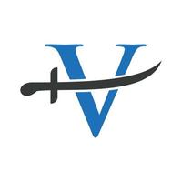 modelo de vetor de logotipo de espadas de letra v. ícone de espadas para símbolo de proteção e privacidade