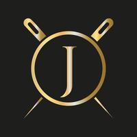 logotipo alfaiate da letra j, combinação de agulha e linha para bordar, têxtil, moda, tecido, modelo de tecido vetor