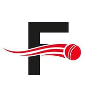conceito de logotipo de críquete letra f com ícone de bola para modelo de vetor de símbolo de clube de críquete. sinal de jogador de críquete