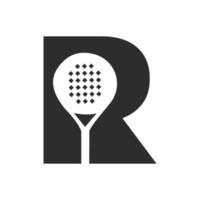 modelo de vetor de design de logotipo de raquete de padel da letra r. símbolo do clube de tênis de mesa de praia