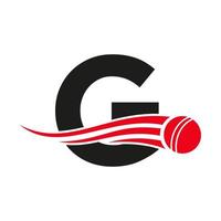 conceito de logotipo de críquete letra g com ícone de bola para modelo de vetor de símbolo de clube de críquete. sinal de jogador de críquete