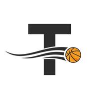 design de logotipo de bola de basquete letra t para modelo de vetor de símbolo de clube de cesta. elemento de logotipo de basquete