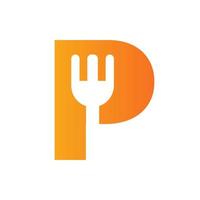 logotipo do restaurante letra p combinado com modelo de vetor de ícone de garfo