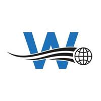 letra w logotipo global combinado com ícone global, sinal de terra para modelo de identidade de negócios e tecnologia vetor