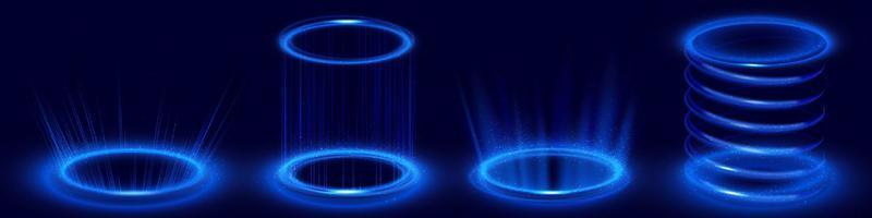 portais de holograma circular com luz neon azul vetor