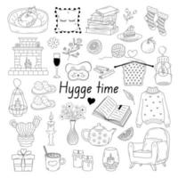 grande conjunto de ícones hygge. coisas quentes e aconchegantes. ilustração desenhada à mão em estilo doodle. vetor