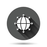 ícone do planeta Terra em estilo simples. ilustração vetorial geográfica do globo em fundo redondo preto com efeito de sombra longa. conceito de negócio de botão de círculo de comunicação global. vetor