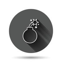 ícone de bomba em estilo simples. ilustração em vetor dinamite em fundo redondo preto com efeito de sombra longa. conceito de negócio de botão de círculo c4 tnt.