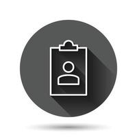 ícone do cartão de identificação em estilo simples. ilustração em vetor marca de identidade em fundo redondo preto com efeito de sombra longa. conceito de negócio de botão de círculo de carteira de motorista.