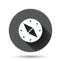 ícone de bússola em estilo simples. ilustração em vetor equipamento de navegação em fundo redondo preto com efeito de sombra longa. conceito de negócio de botão de círculo de direção de viagem.