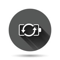 ícone de carga da bateria em estilo simples. ilustração em vetor nível de potência em fundo redondo preto com efeito de sombra longa. conceito de negócio de botão de círculo de acumulador de lítio.