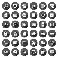 ícone comercial definido em estilo simples. ilustração em vetor comércio on-line em fundo redondo preto com efeito de sombra longa. conceito de negócio de botão de círculo de loja de mercado.