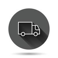 ícone do caminhão de entrega em estilo simples. ilustração em vetor van em fundo redondo preto com efeito de sombra longa. conceito de negócio de botão de círculo de carro de carga.