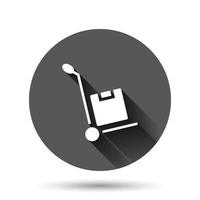 ícone do carrinho de carga em estilo simples. ilustração em vetor caixa de entrega em fundo redondo preto com efeito de sombra longa. conceito de negócio de botão de círculo de transporte de caixa.