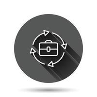 maleta com ícone de seta em estilo simples. ilustração em vetor saco empresário em fundo redondo preto com efeito de sombra longa. conceito de negócio de botão de círculo de portfólio.