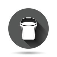 ícone de balde em estilo simples. ilustração em vetor pote de lixo em fundo redondo preto com efeito de sombra longa. conceito de negócio de botão de círculo de balde.