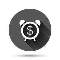 tempo é ícone de dinheiro em estilo simples. relógio com ilustração vetorial de dólar em fundo redondo preto com efeito de sombra longa. conceito de negócio de botão de círculo de moeda. vetor