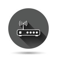 ícone do roteador wi-fi em estilo simples. ilustração vetorial de banda larga em fundo redondo preto com efeito de sombra longa. conceito de negócio de botão de círculo de conexão com a internet. vetor