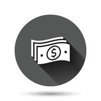 ícone de pilha de dinheiro em estilo simples. troque a ilustração vetorial de dinheiro no fundo redondo preto com efeito de sombra longa. conceito de negócio de botão de círculo de nota de dólar. vetor