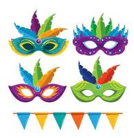 conjunto de máscaras de carnaval com decoração de penas e banner de festa vetor