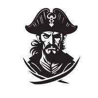 ícone moderno mínimo da cabeça do pirata. ilustração em vetor preto e branco simples do capitão zangado.