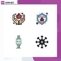 conjunto de cores planas de linha preenchida de interface móvel de 4 pictogramas de bug de proteção de relógio de mão elementos de design de vetor editável android