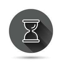 ícone de ampulheta em estilo simples. ilustração em vetor ampulheta em fundo redondo preto com efeito de sombra longa. conceito de negócio de botão de círculo de relógio.