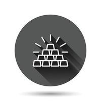 ícone de pilha de ouro em estilo simples. ilustração em vetor tijolo de prata em fundo redondo preto com efeito de sombra longa. conceito de negócio de botão de círculo bancário de metal.