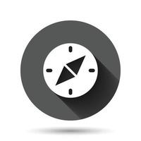 ícone de bússola em estilo simples. ilustração em vetor equipamento de navegação em fundo redondo preto com efeito de sombra longa. conceito de negócio de botão de círculo de direção de viagem.