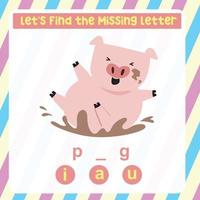 planilha de letras perdidas. complete as letras para nomes de animais em inglês. jogo educacional para crianças. planilha imprimível para pré-escola. prática da escrita. arquivo vetorial. vetor