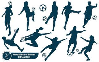 coleção vetorial de mulheres jogando futebol ou silhuetas de futebol em poses diferentes vetor