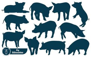 coleção de silhueta de porco animal em poses diferentes vetor