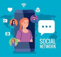 rede social, pessoas com smartphones e ícones de mídia social, interativo, comunicação e conceito global vetor