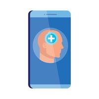 assistência de saúde mental on-line em smartphone, perfil humano com símbolo cruzado, mente positiva, em fundo branco vetor