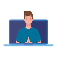 meditação online, homem meditando no fundo branco vetor
