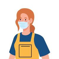 mulher trabalhadora do serviço de limpeza usando máscara médica, em fundo branco vetor