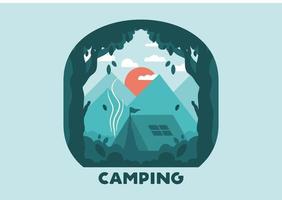ilustração plana colorida de acampamento ao ar livre na floresta com vista para a montanha vetor