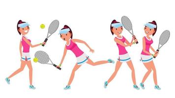 vetor de jogador de tênis feminino. mulher grande atleta de esporte de tênis. poses diferentes. ilustração de personagem de desenho animado