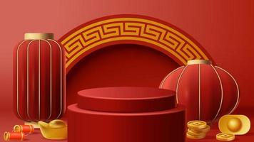 fundo de decoração de pódio de exibição de ano novo chinês com ornamento chinês. ilustração vetorial 3d vetor