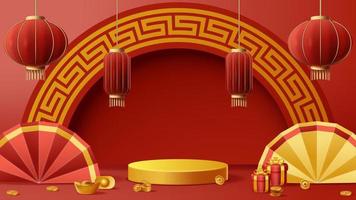 fundo de decoração de pódio de exibição de ano novo chinês com ornamento chinês. ilustração vetorial 3d vetor