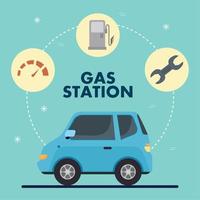 posto de gasolina e carro azul com design de vetores de conjunto de ícones